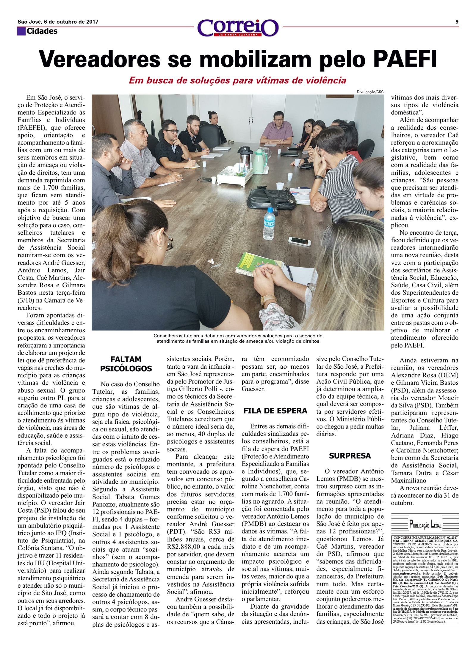 Clipping – Correio SC – 6 de outubro de 2017 – Vereadores se mobilizam pelo PAEFI